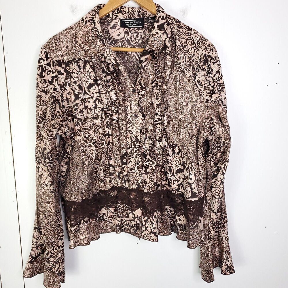 NYC Design Co Top Womens L Y2K Fairy Grunge Brown Lace Pleat Front Bell Sleeve